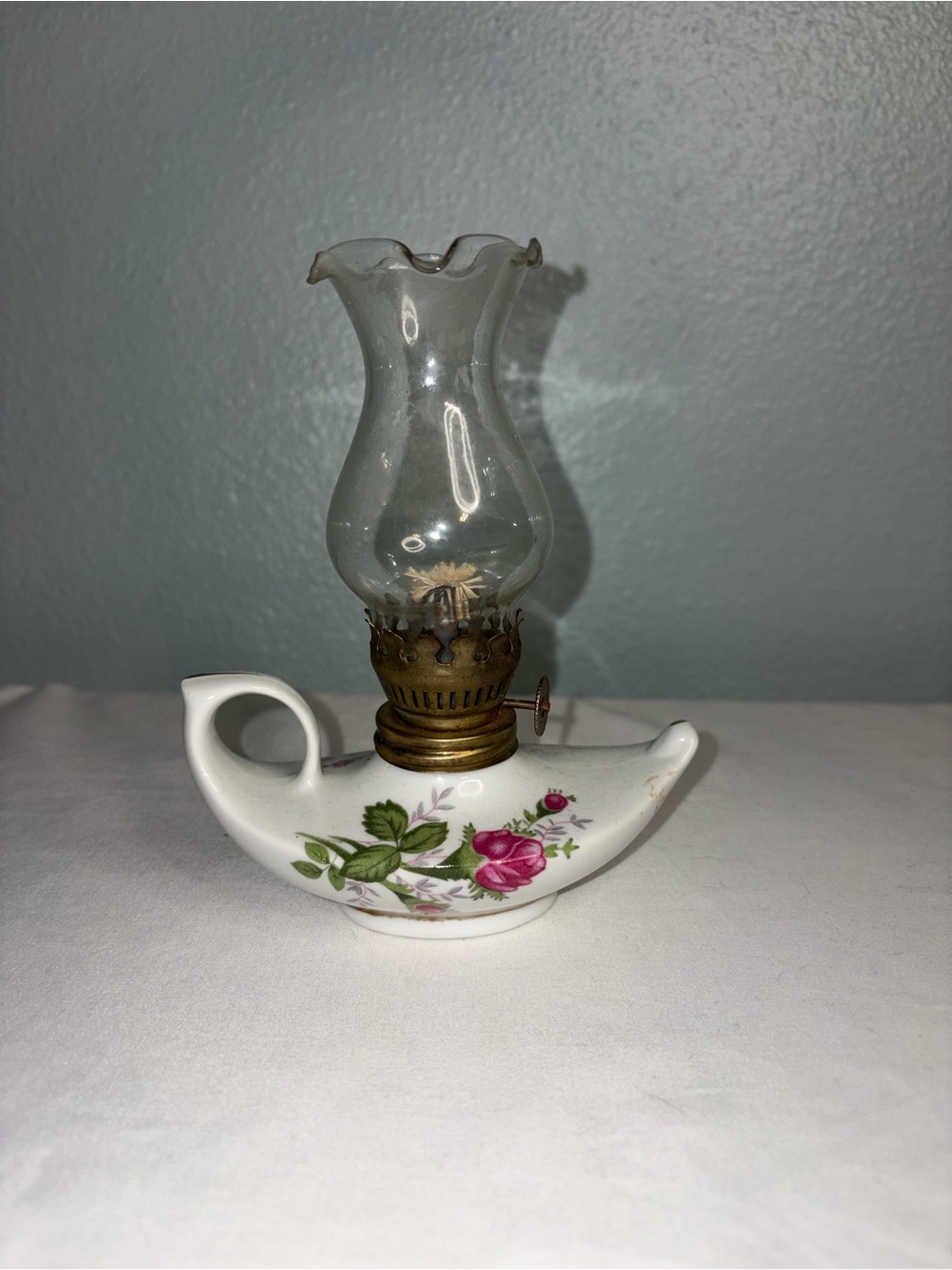 Miniature Vintage Floral Ceramic Oil Lamp with Glass Chimney perfect